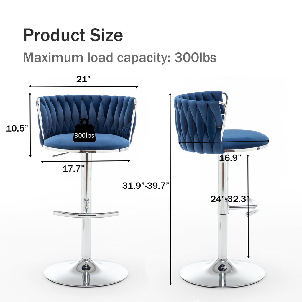Velvet Bar Stools Set of 2, Swivel Counter Height Bar Stools with Back, Adjustable Woven Barstools Island, Pub, Club