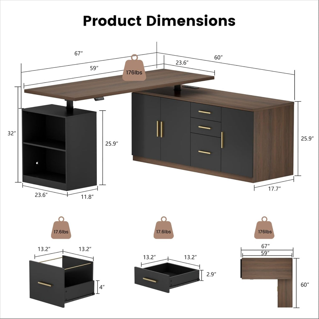 59" L Shaped Electric Standing Desk with Storage & Drawers | Adjustable Height Executive Standing Desk, One-Piece