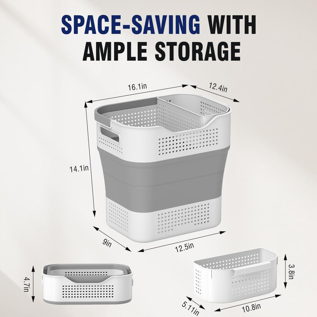 Collapsible Plastic Laundry Basket Hamper with Handles, 35L Portable Rubber Clothes Basket, Pop Up Storage