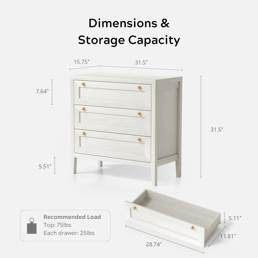 3 Drawer Dressers Set of 2, Farmhouse Chest of Drawers with Golden Handles, Large Wood Tall Nightstand, Storage
