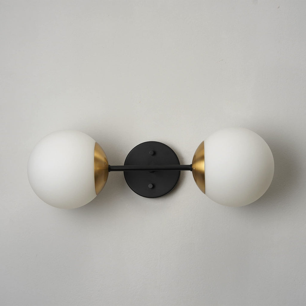 2-Light Wall Sconce, Matte Black, Antique Brass Accent Socket, Matte Opal Glass Shades, Modern Light, Dimmer Switch