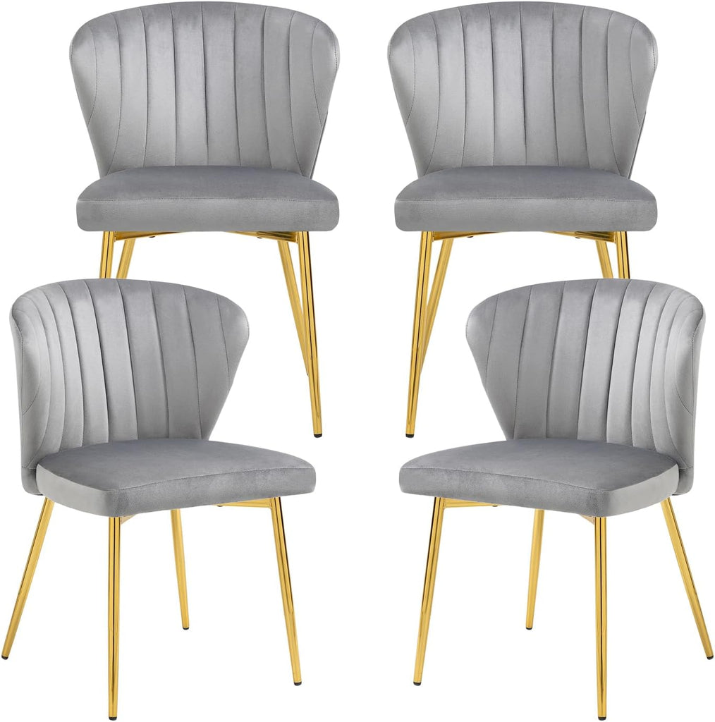 Velvet Dining Chairs Set of 4, Upholstered Dining Room Chairs with Gold Metal Legs, Mid-Century Modern Style, Grey