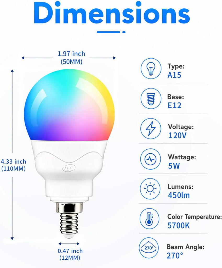 E12 LED Light Bulbs (40w Equivalent) 5W, Color Changing RGB, A15 Small Base Candelabra Round Light Bulb, Candle Base
