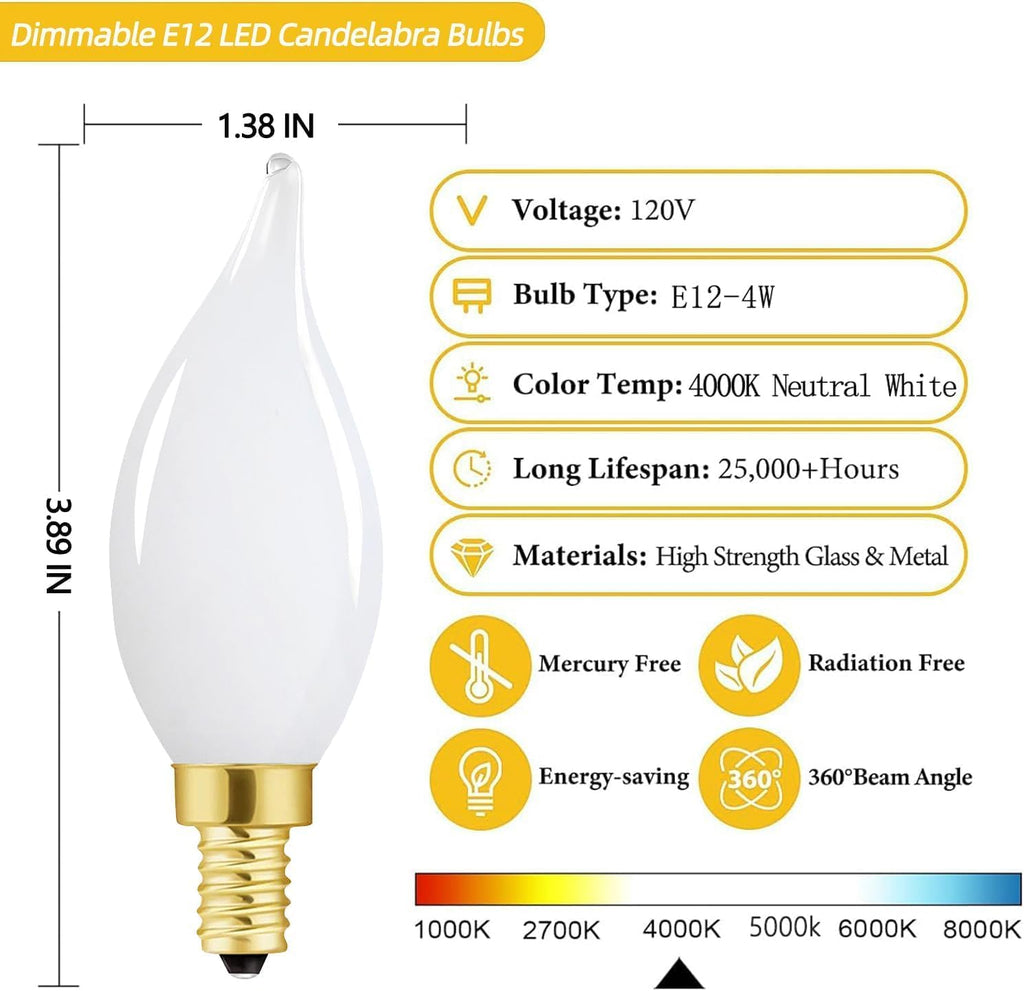 Frosted E12 Candelabra Led Bulbs 40 Watt Dimmable E12 Led Light Bulbs 4000k