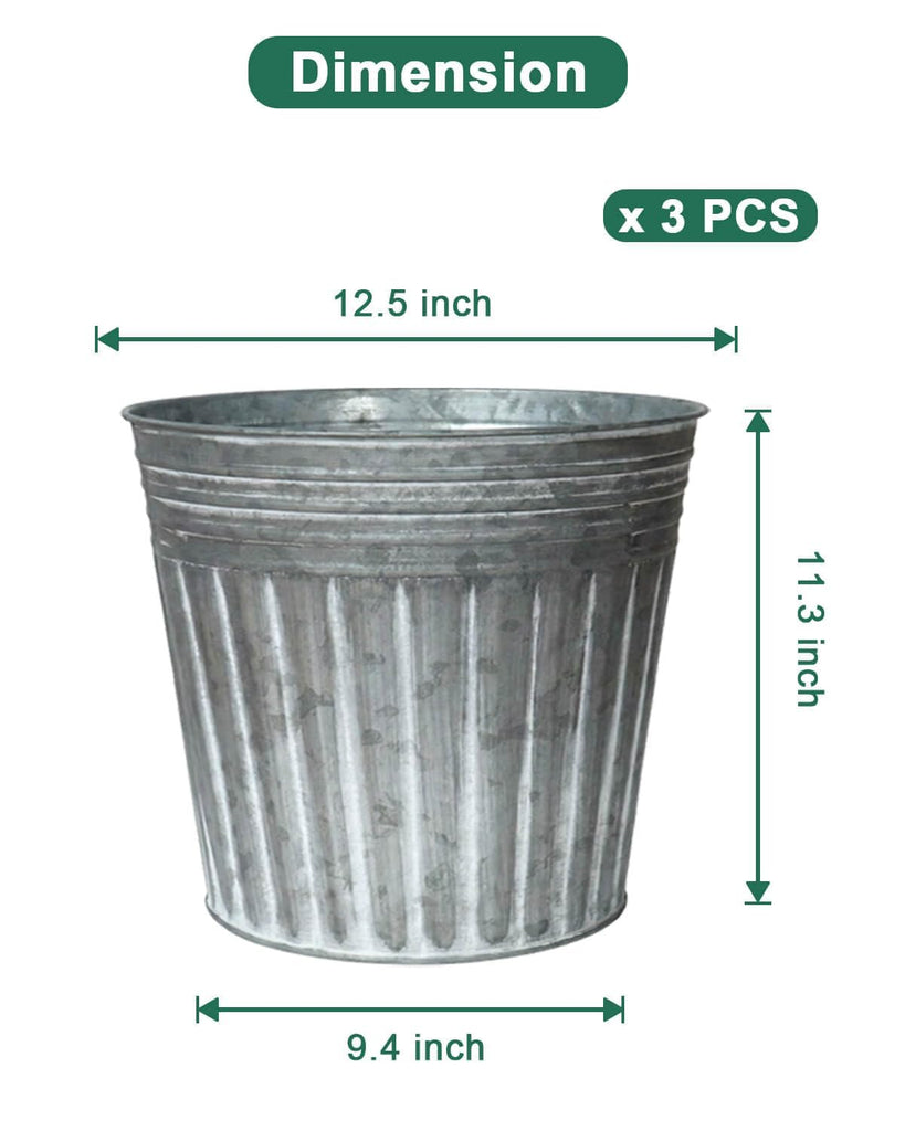 12 Inch Galvanized Planters, 3 Pack Metal Plant Pots with Drainage Hole