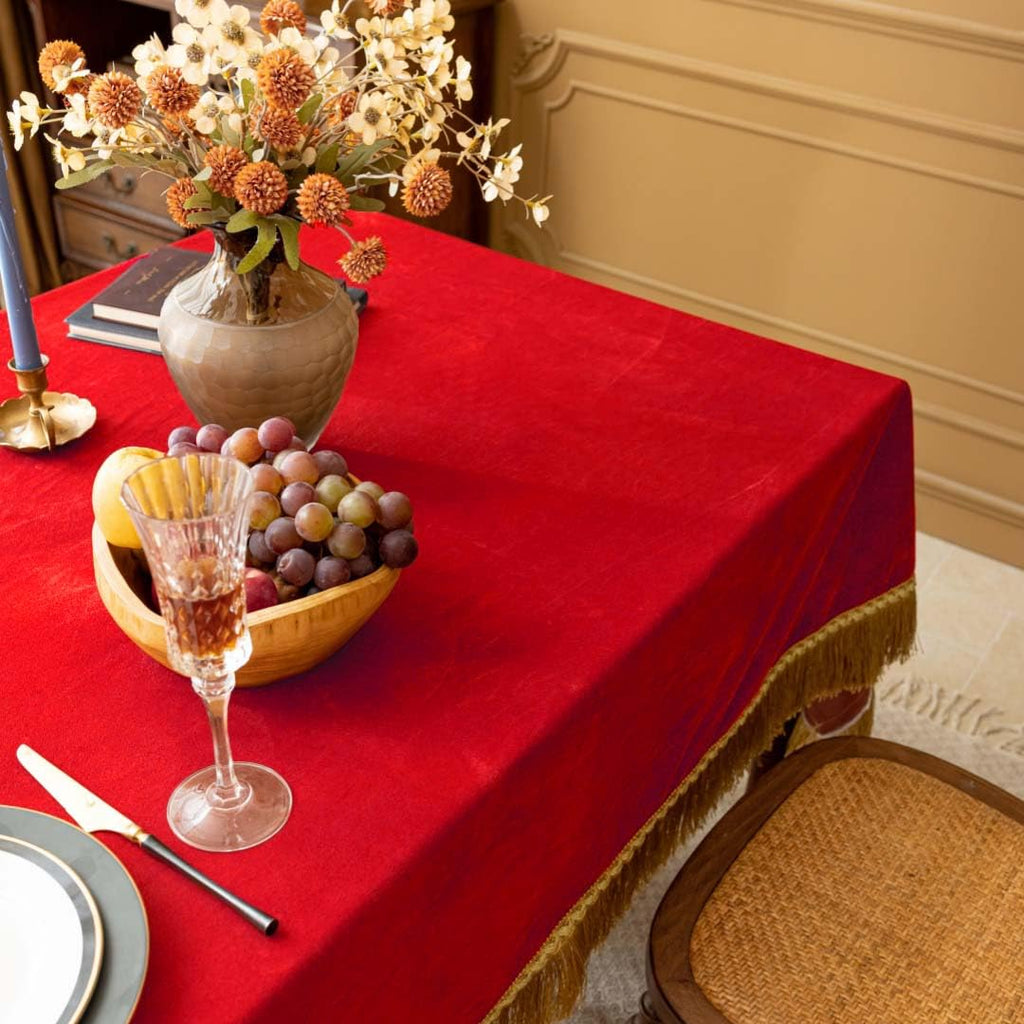 Rectangular Velvet Tablecloth, Vibrant Red Velvet with Luxurious Gold Tassel Fringe, Heavy‐Thick Table Cover for