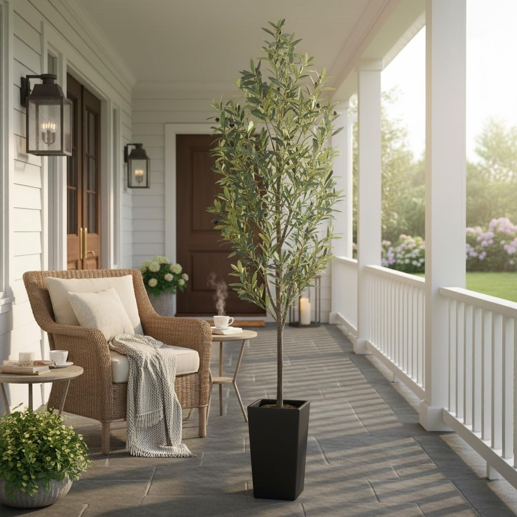 7ft Artificial Olive Tree Decor, 7 ft Large Faux Plant Fake Skinny Silk Trees with Pot for Indoor Outdoor House