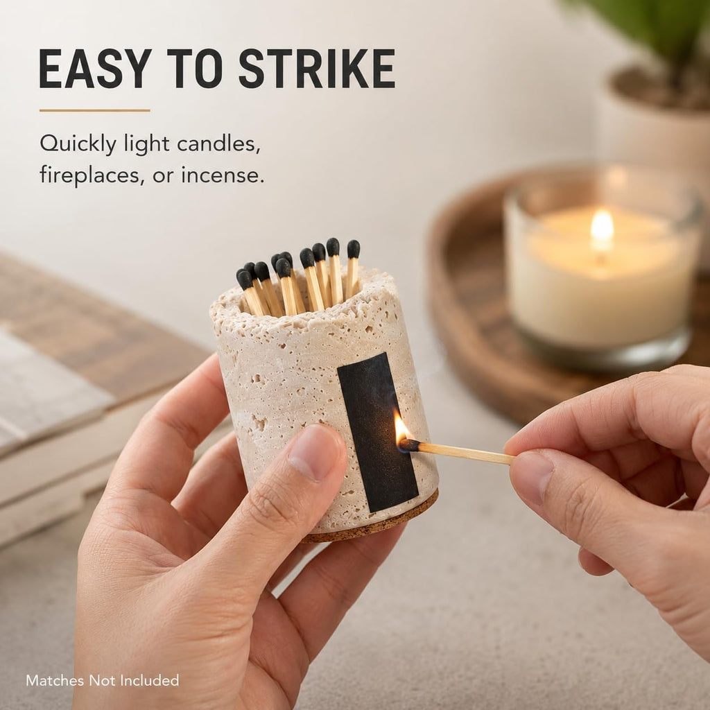 Natural Travertine Match Holder with Striker for Candle Home Decor - Matches Not Included