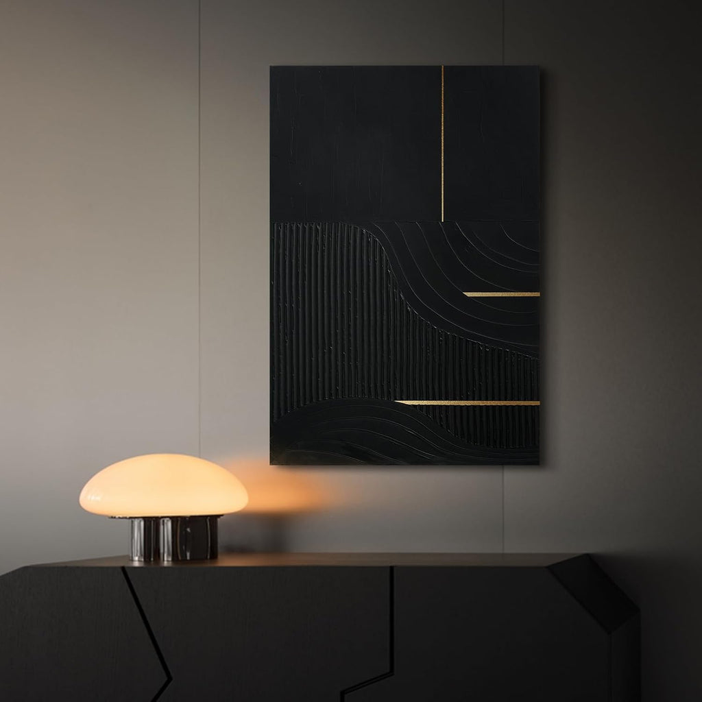 Hand-Painted Black & Gold Abstract Wall Art, Modern Textured Oil Painting | Original Vertical Canvas Artwork Bedroom