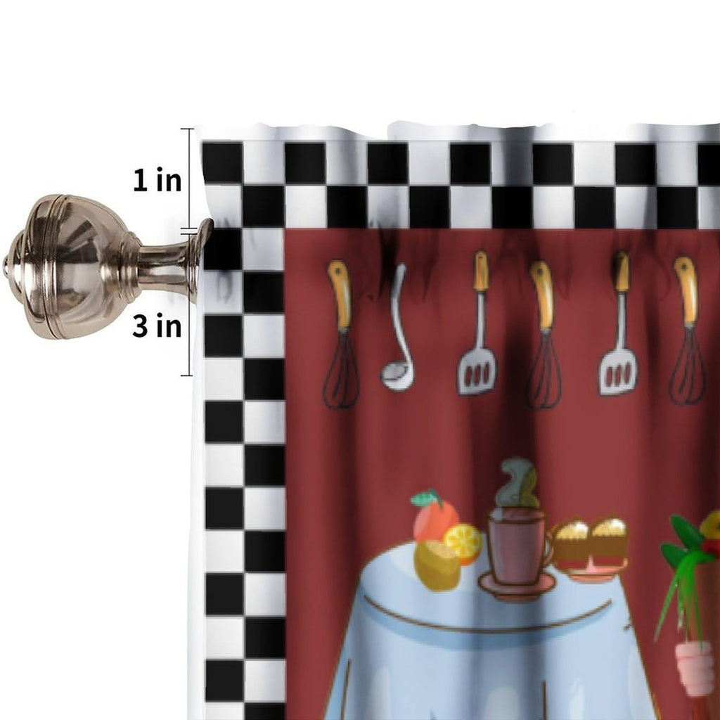 Kitchen Chef Window Valance Curtain, Knife Fork Red Black Check Plaid Tier Curtain Blackout Rod Pocket Curtain