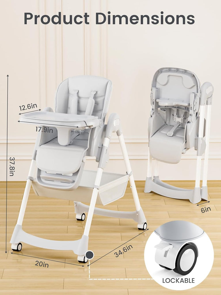Baby High Chair, Foldable Convertible High Chair for Babies & Toddlers, Adjustable Height & Recline with Removable