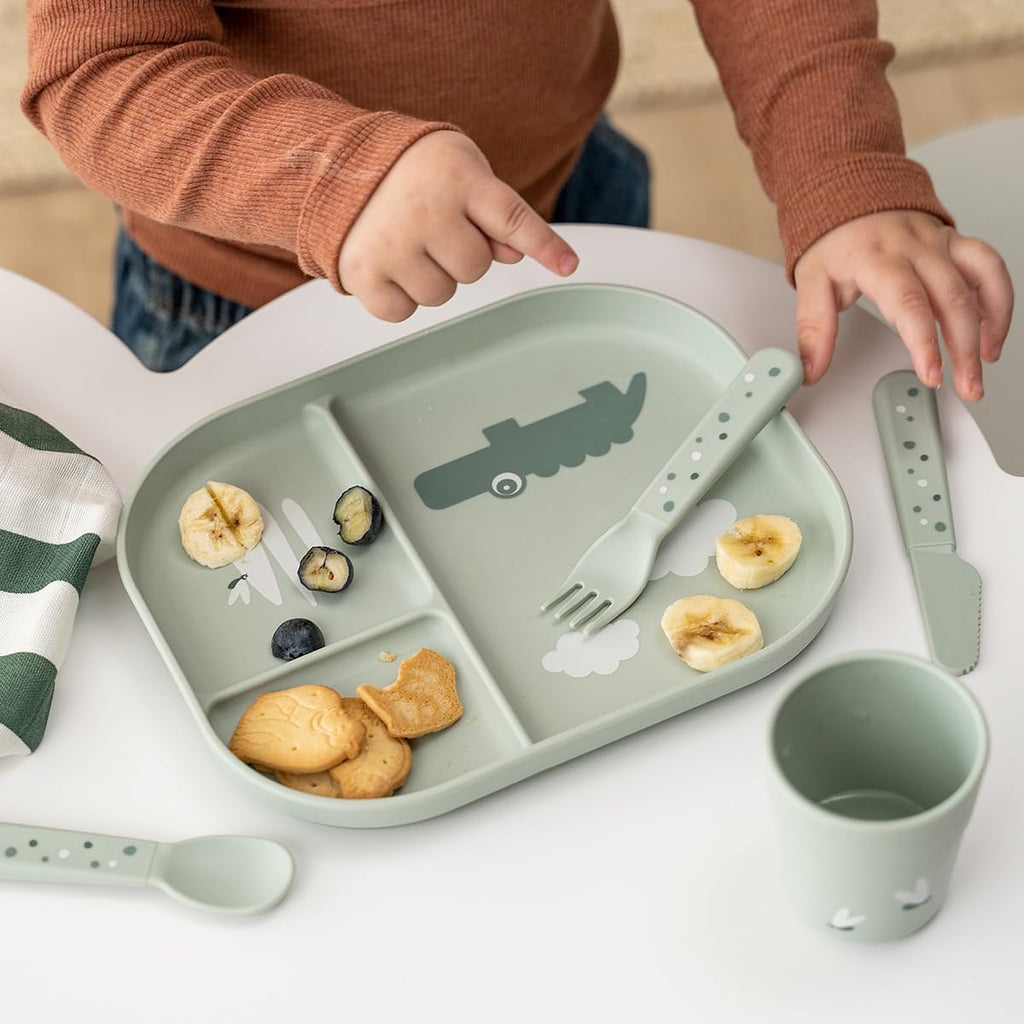 By Deer Foodie compartment plate - Croco - Green - Baby & Toddler Plate with 3 Sections - Non-Slip Base - BPA-Free