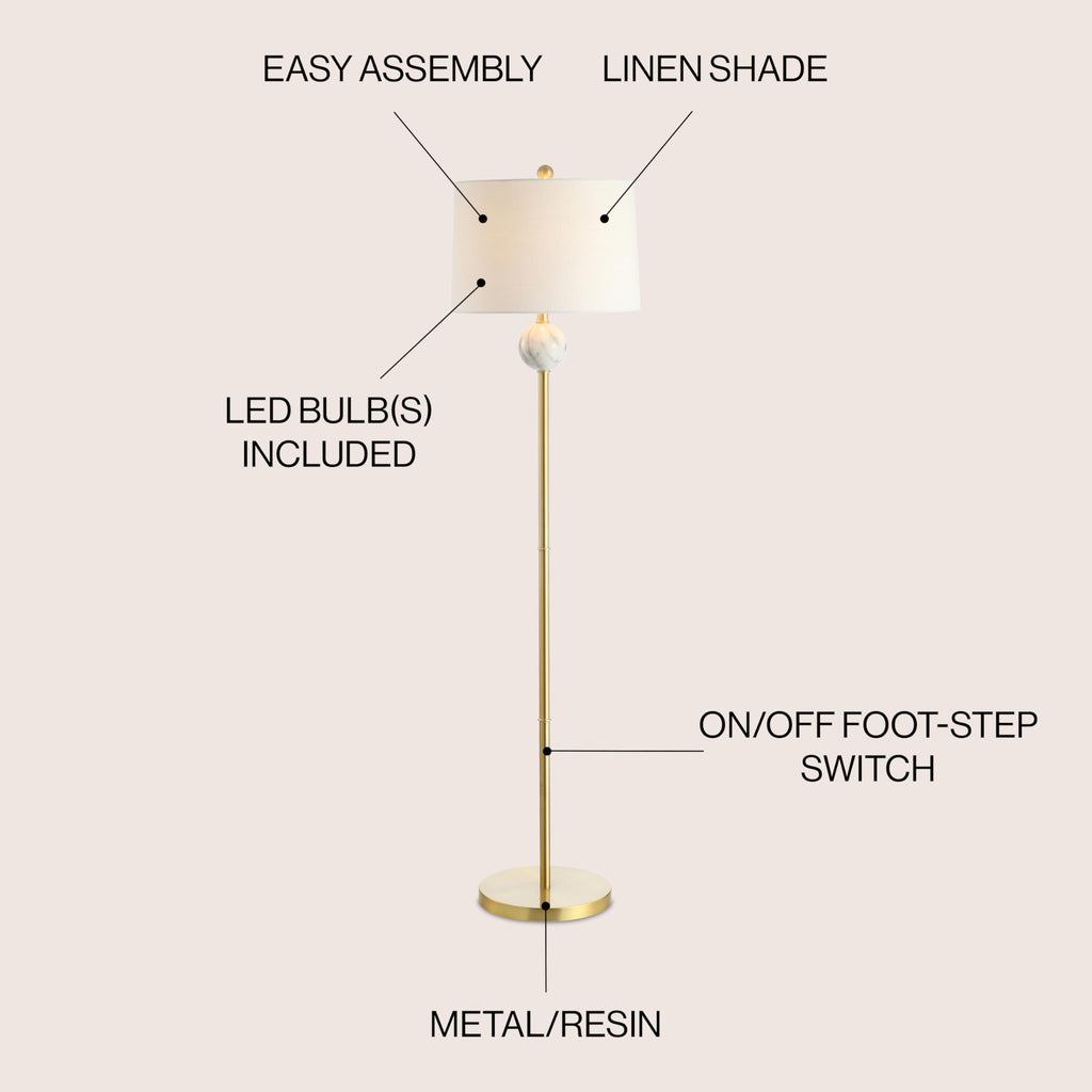 Vaughn 60" Modern Metal and Resin Floor Lamp, Brass Gold/White
