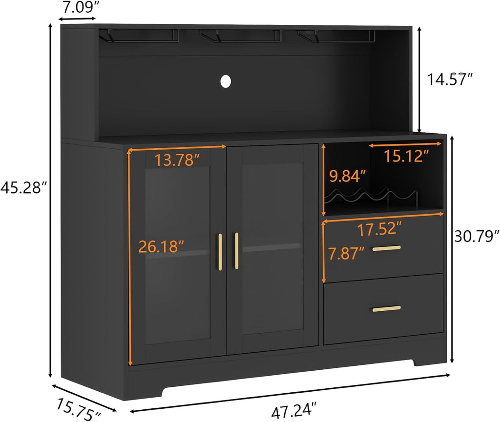 Bar Cabinet with LED Light,Coffee Bar Cabinet w/ Wine & Glass Rack | Wine Cabinets with Drawers & Microwave Stand