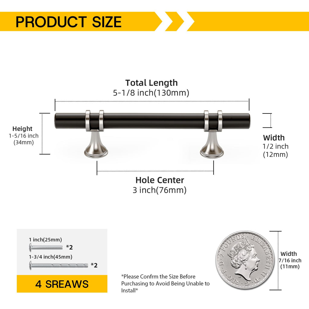30 Pack 3 Inch Hole Center Black and Silver Cabinet Pulls