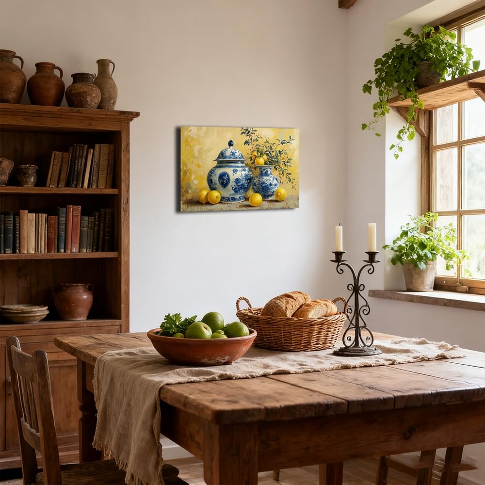 Lemon Wall Art Kitchen Picture Vintage Citrus Fruit Canvas Prints Yellow Lemon with Pottery Blue Classical Painting
