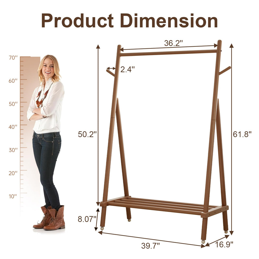 Solid Wood Clothing Rack On Wheels for Hanging Clothes, Walnut