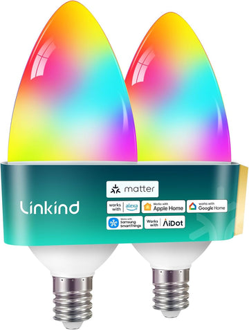 Matter Smart Light Bulbs, E12 Led Bulb Compatible with Alexa, 500LM Smart Bulbs for Chandelier, Color Changing RGBTW