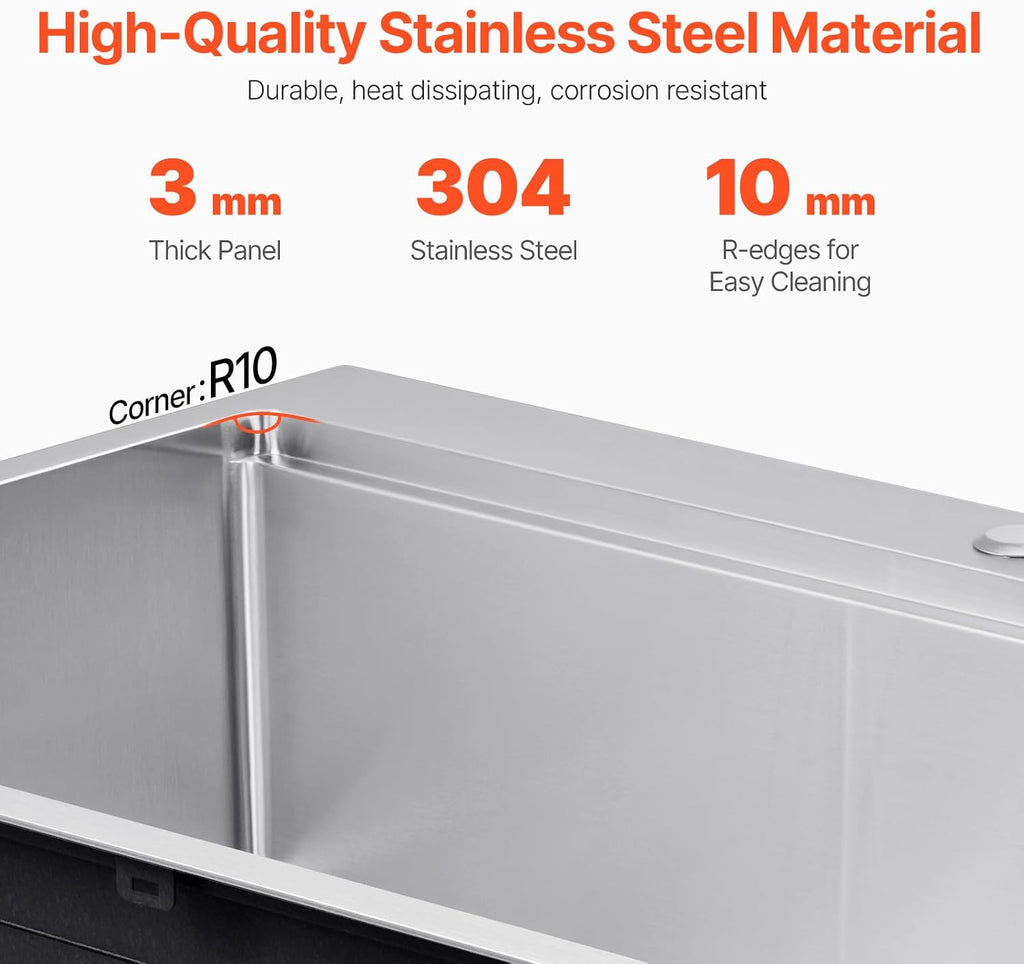 Drop Sink 33 Inch Kitchen Sink Workstation, 304 Stainless Steel Top Mount Sinks, Drop-In Single Bowl with Ledge &