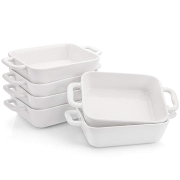 6 Pieces Bakeware Set, White Porcelain Souffle Dishes Creme Brulee Ramekins, 6-1/4 x 4-3/4 inch Rectangular Baking