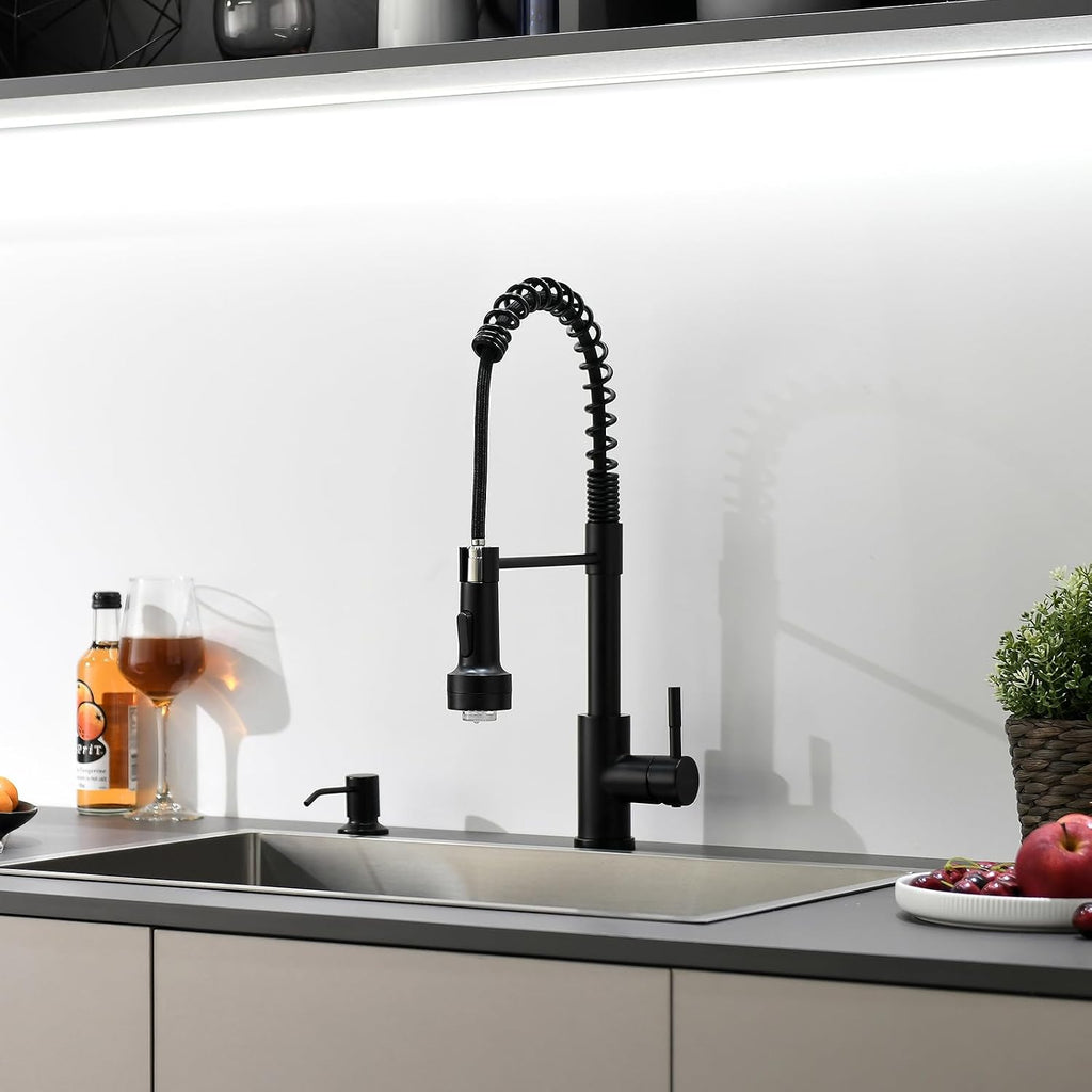 Led Black Kitchen Faucet with Soap Dispenser | Pull Down Sprayer, Single Hole Sink Faucet Suitable for Farmhouses