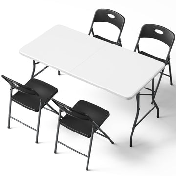 5FT Folding Table and Chairs Set for 4, Heavy Duty Fold-in-Half Plastic Dining Table with Carry Handle & 4 Folding