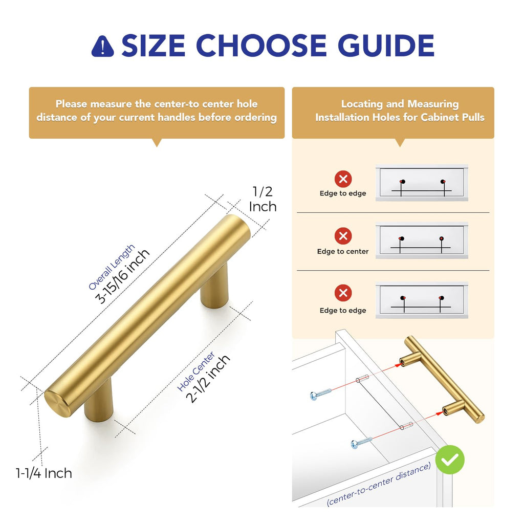 Brushed Gold Cabinet Handles,Round T Pulls,2-1/2 Inch,10 Pack