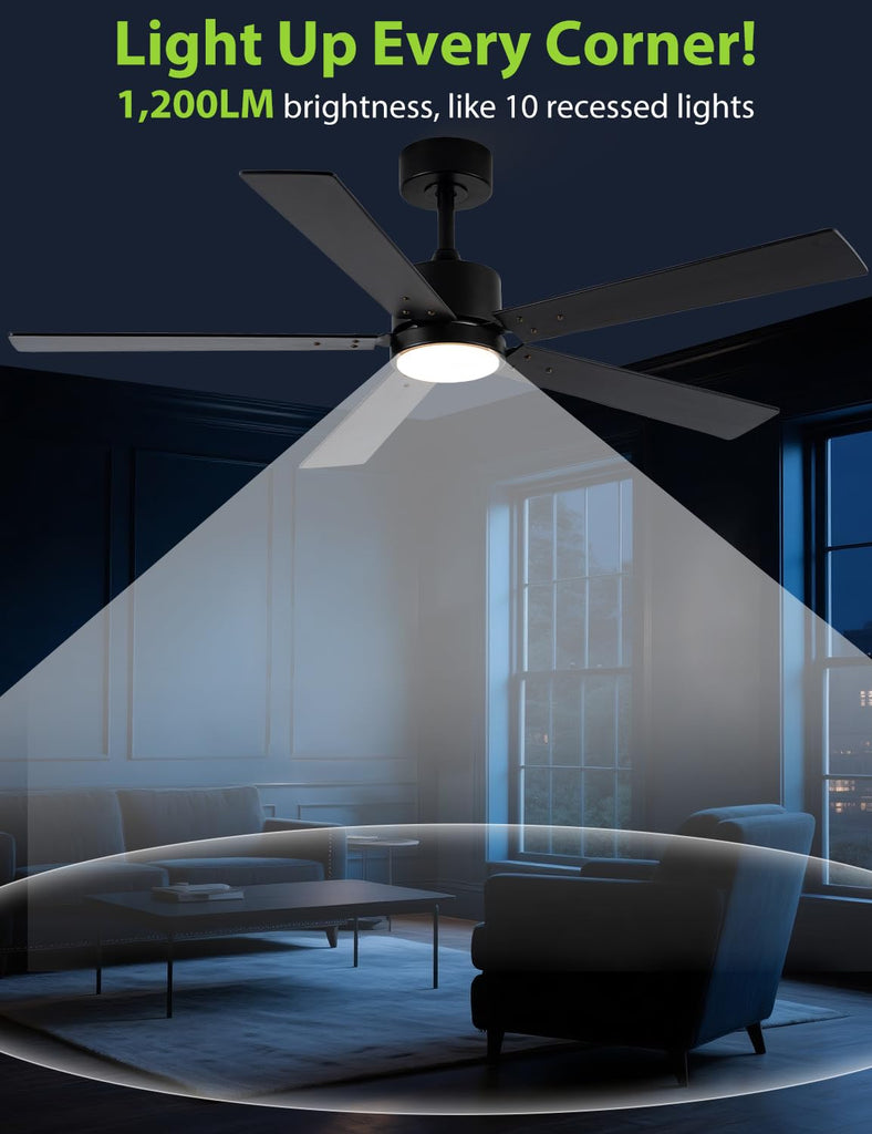 Black Ceiling Fans with Lights, 52 Inch Modern Ceiling Fan with Remote Outdoor Ceiling Fan, High CFM Ceiling Fans