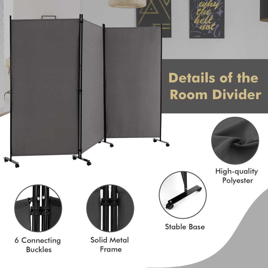 3 Panel Folding Room Divider with Wheels, 103" x 71", Gray