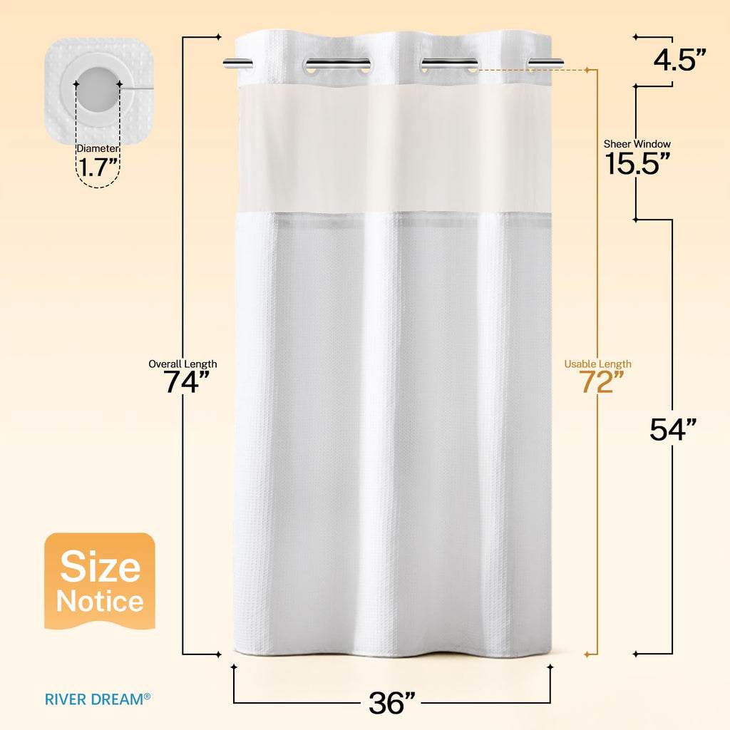 RiverDream Heavyweight Waffle No Hook Shower Curtain with Liner, White, 36x74