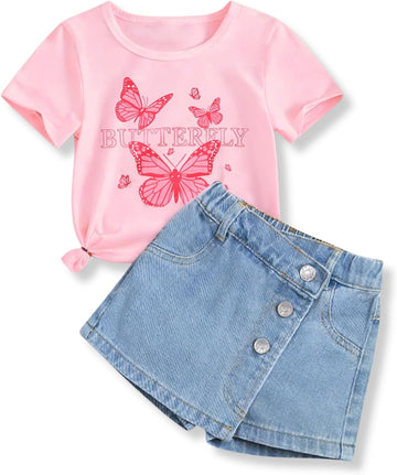 Girls Clothes 2PCS Butterfly Print Short Sleeve T-Shirt Denim Skirt Shorts Set Teen Tween Girls Summer Outfits Set