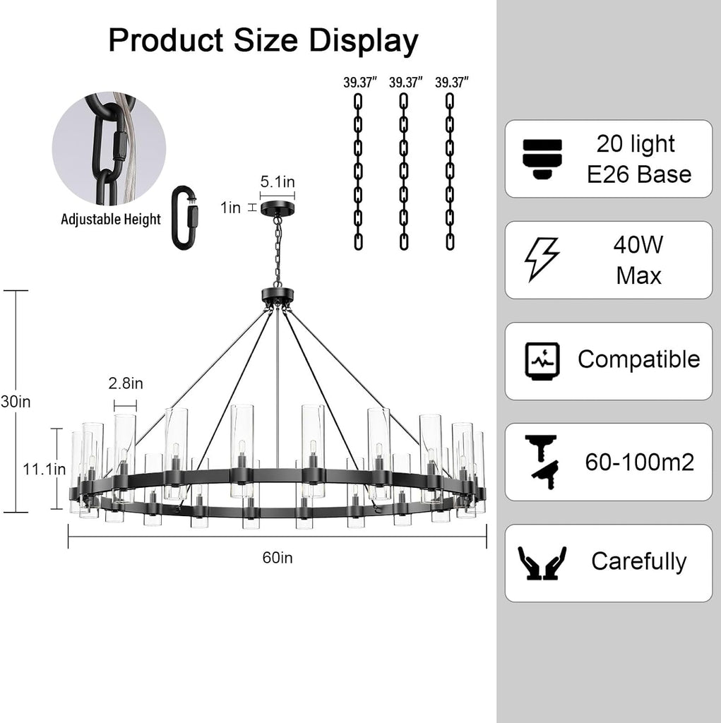 Inspired Ravelle Style 60 Inch Black Wagon Wheel Chandelier with Glass Shade, 20 Lights, Modern Farmhouse Style, Ideal for Dining Room, Kitchen, Entryways