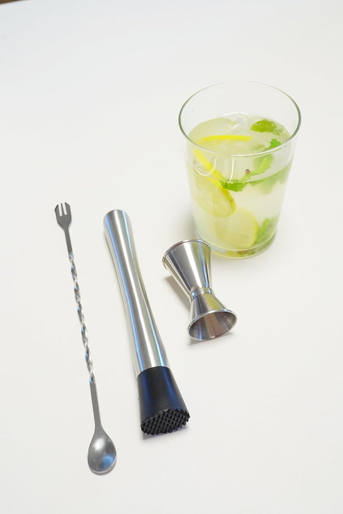 8"Stainless Steel Muddler, 10"Mixing Spoon & Jigger for Cocktails - Set of 3
