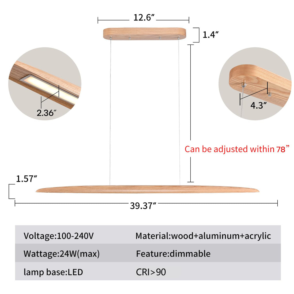 39" 24W Wood LED Linear Pendant Light Fixture Led Dining Room Light Dimmable Hanging Light Fixture Kitchen Island
