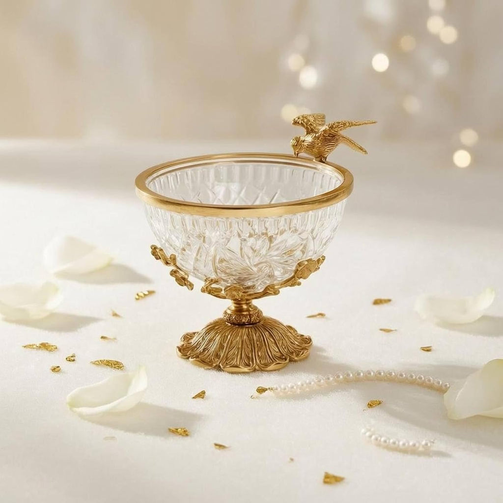 Brass Fruit Plate Bird Accents Crystal Glass Fruit Bowl Clear Decorative Pedestal Bowl
