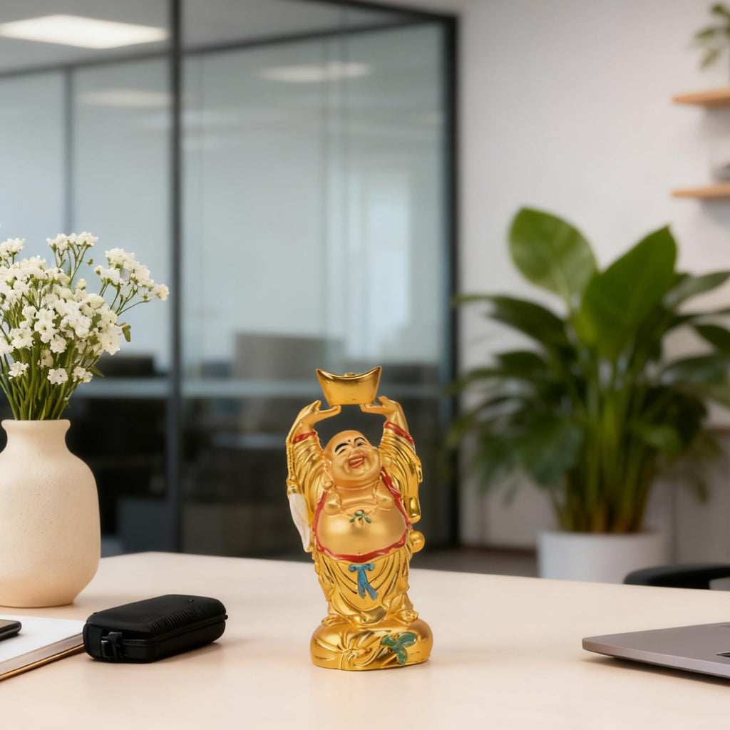 Resin Feng Shui Golden Laughing Buddha Holding Ingot Statue 4.7in(H)