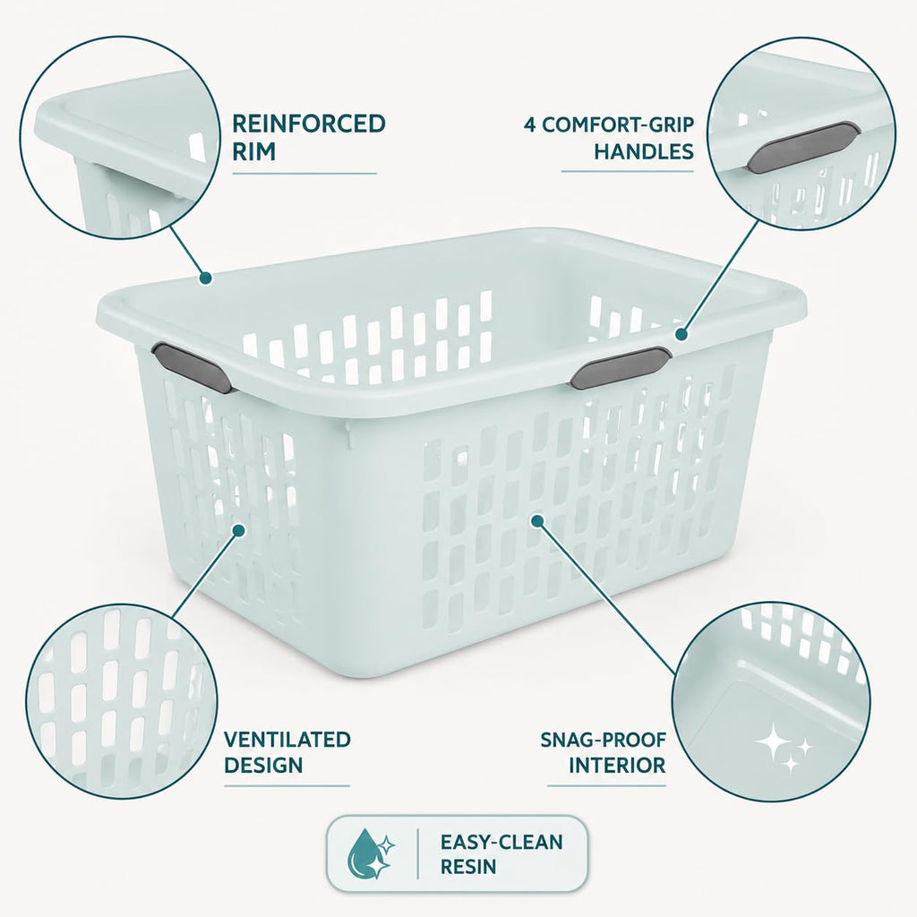Laundry Basket 2 Bushel Plastic with 4 Handles 6 Pack Mint