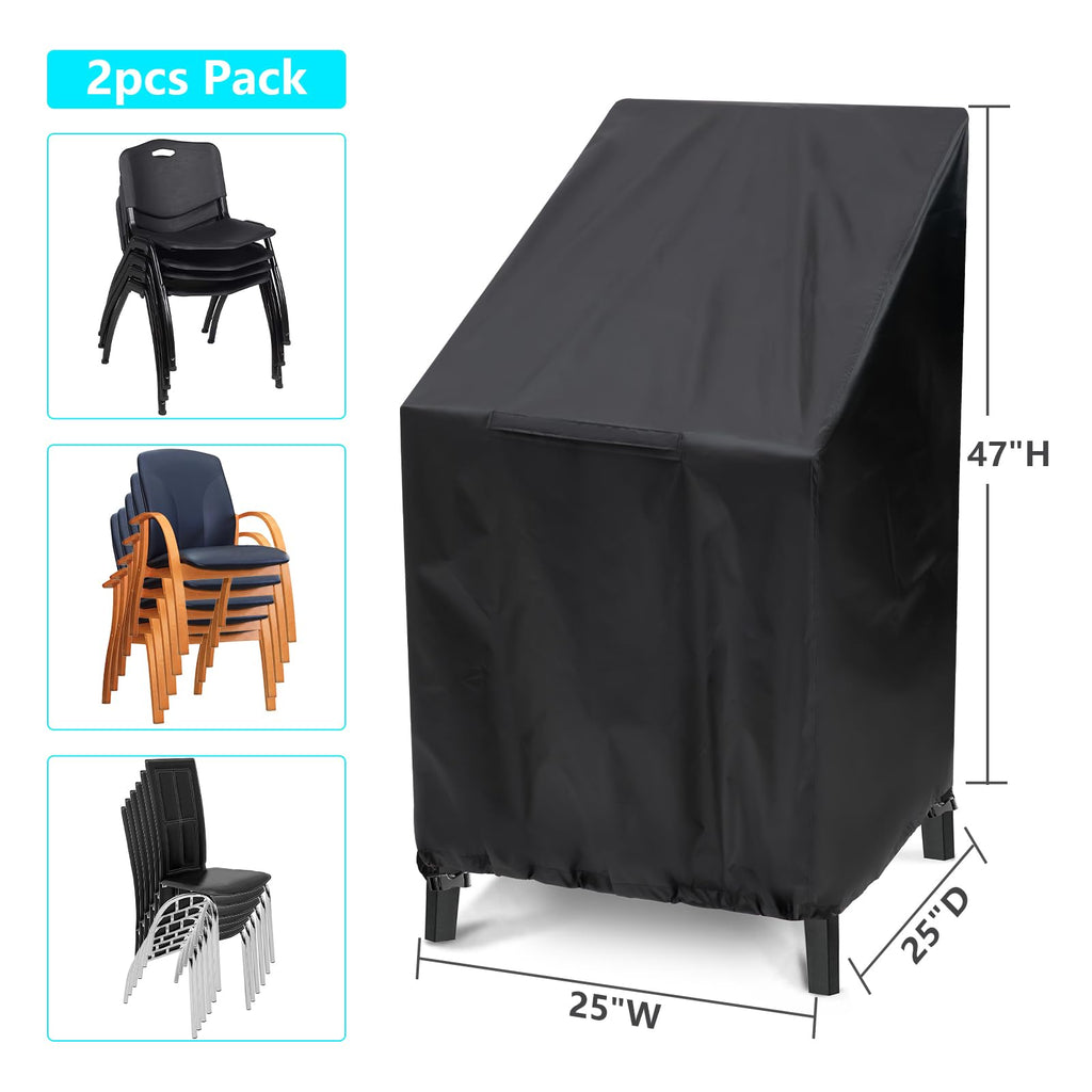 Outdoor Chair Covers, 2 Pack, 25"W x 25"D x 47"H, Waterproof, Black, Polyester Blend, Fits 4-6 Stackable Dining Chairs