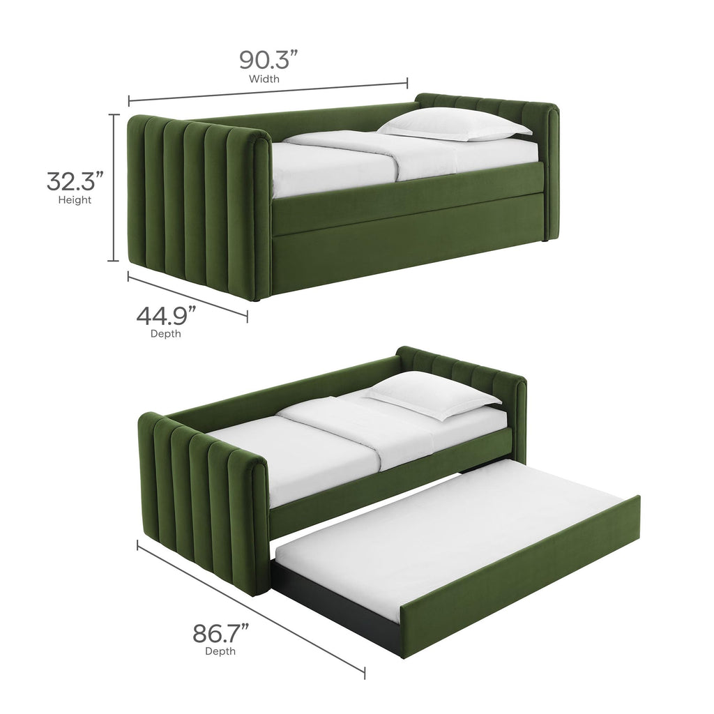 Veyla Twin Size Performance Velvet Daybed in Moss Green with Trundle - Channel Tufted Upholstered Sofa Bed with Wood