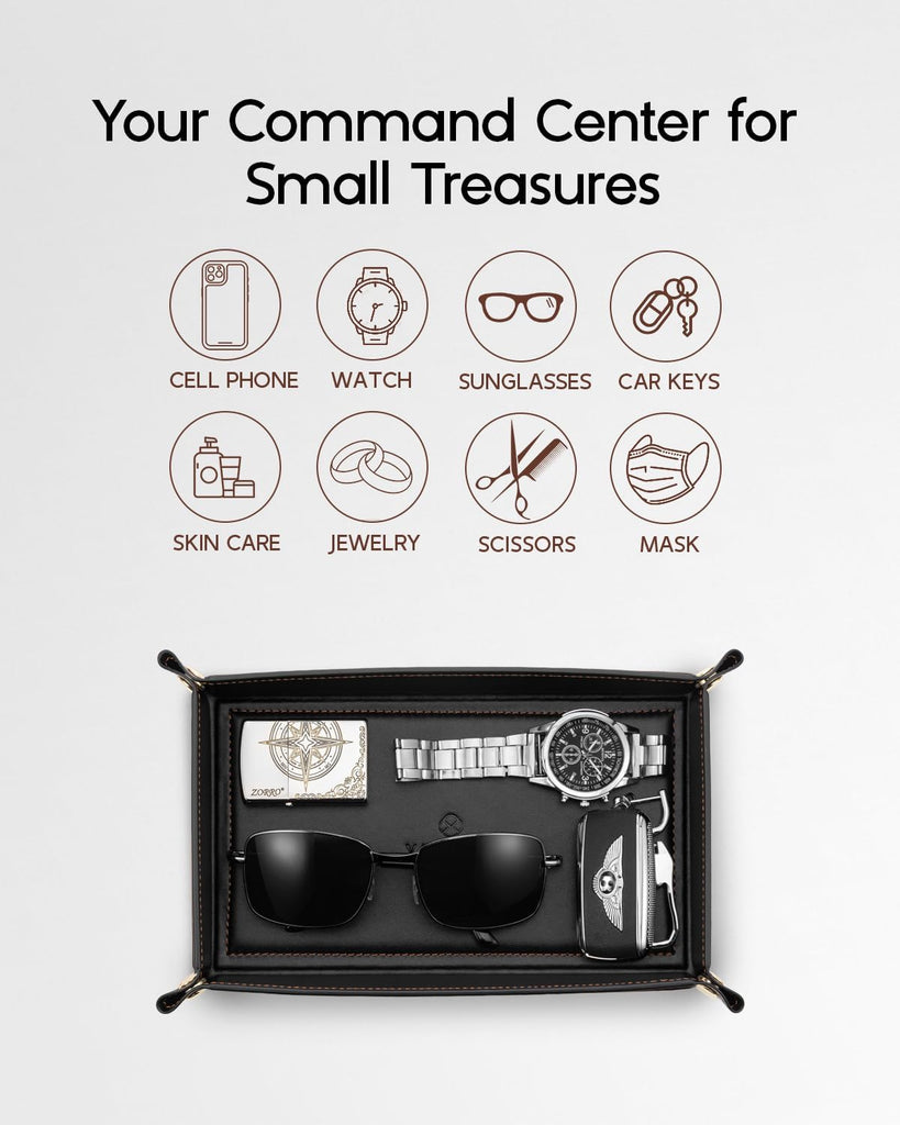 Valet Tray for Men, Foldable PU Leather Catchall Tray, Black