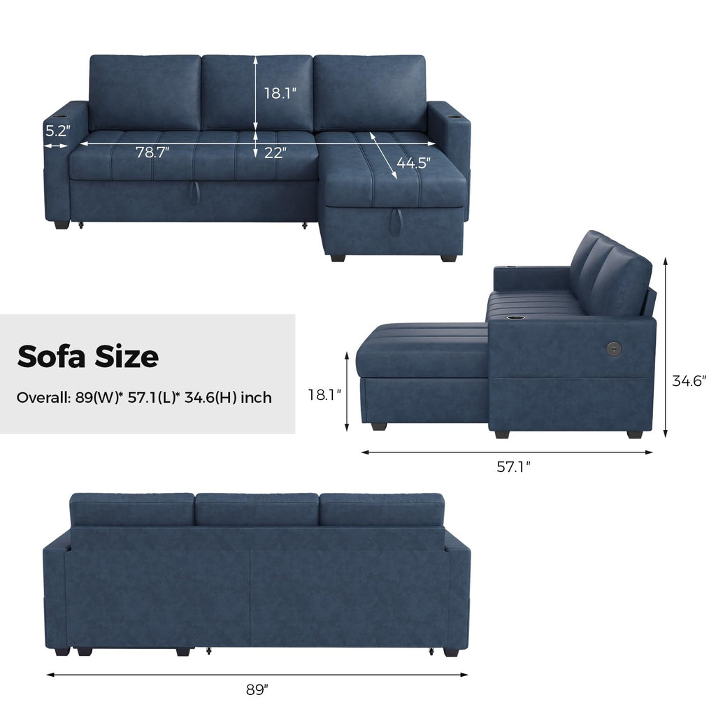 89 inch L-Shaped Sectional Sofa Sleeper with Storage Space & Side Pocket, Anti-Scratch Faux Leather Couch Bed with
