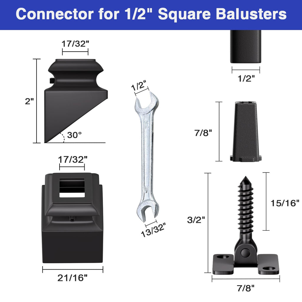 30-Pack Baluster Connectors with Angled Shoes Adjustable Height and Angle Connectors for 1/2'' Square Balusters for