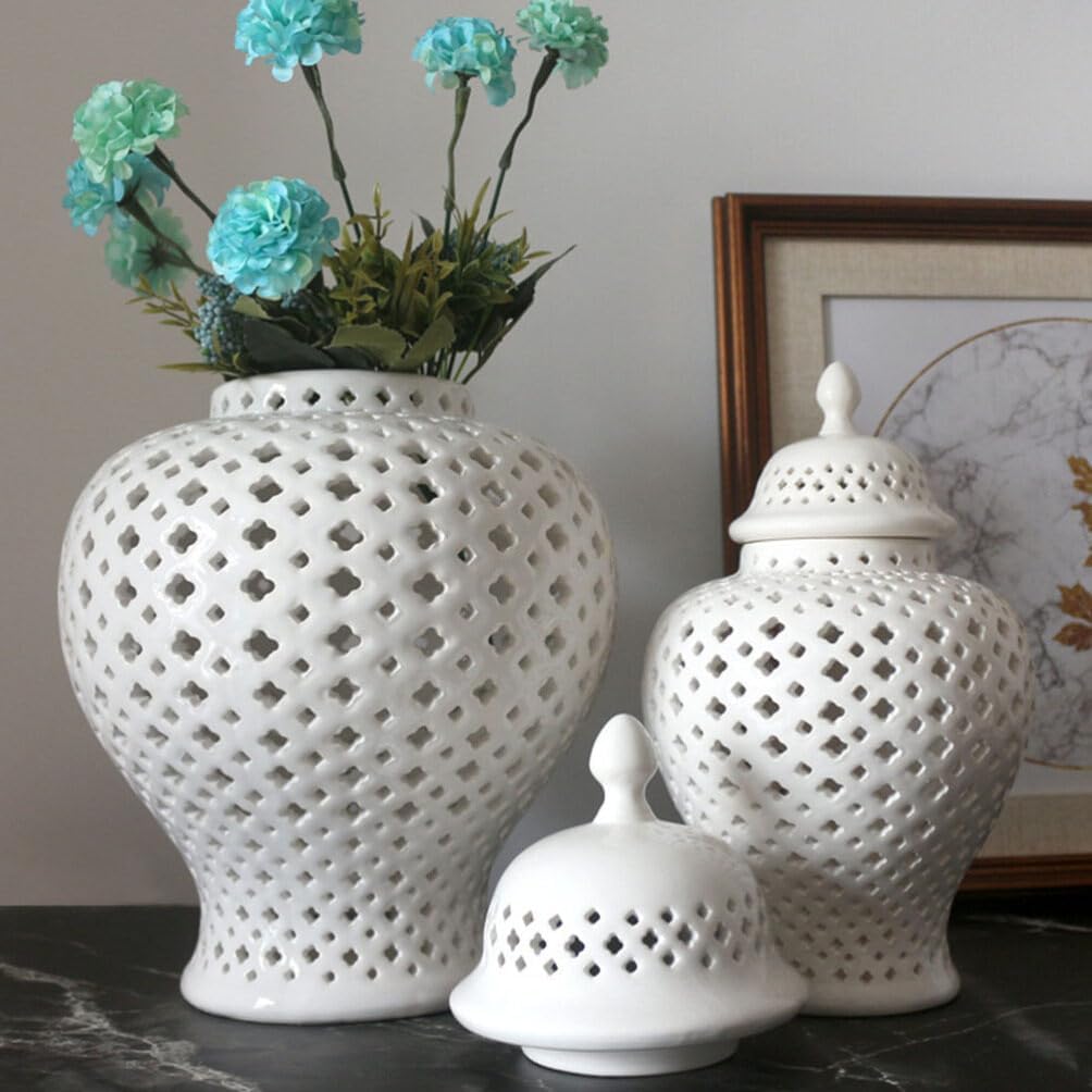 Ginger Jars Decor Traditional Pierced Ginger Jar with Lid Carved Lattice Decorative Temple Jar Cut Out Ceramic Vase