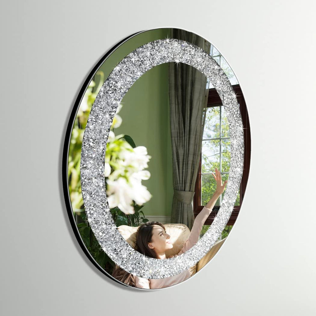 Crystal Crushed Diamond Oval Shaped Glam Bling Silver Mirror for Wall Decoration 16x20x0.9 inch Wall Hang Frameless
