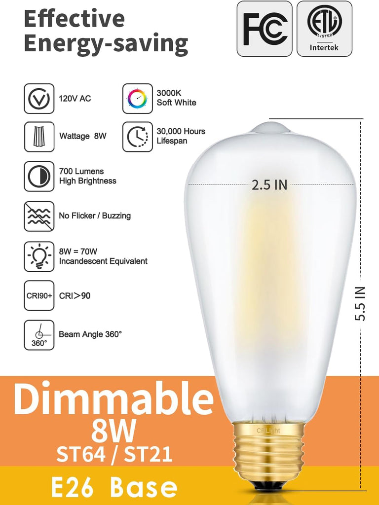 8W ST64 E26 Dimmable LED Edison Bulb 3000K Soft White, 6 Pack