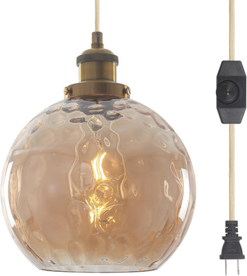 Plug in Pendant Light, Amber Brown Glass Chandelier Hanging Light Fixture for Dining Room