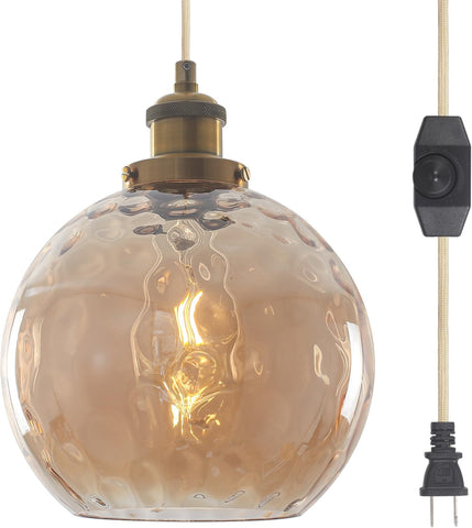 Plug in Pendant Light, Amber Brown Glass Chandelier Hanging Light Fixture for Dining Room
