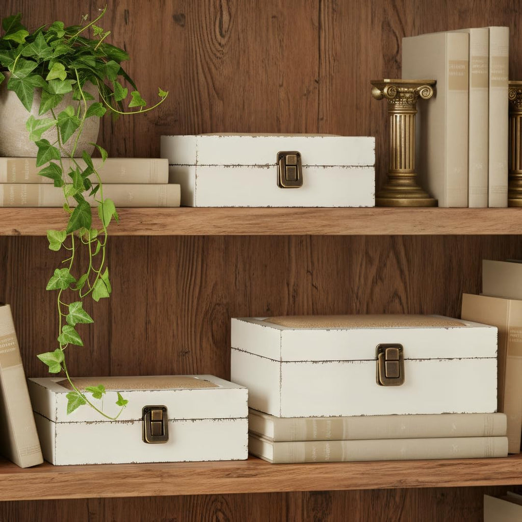 Rustic Ivory Decorative Storage Boxes with Lids, Farmhouse Wooden Boxes Decor, Keepsake Boxes Memory Gift - Set of 2