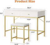 35.4" White and Gold Desk with 2 Drawers, Modern Makeup Vanity with Padded Stool