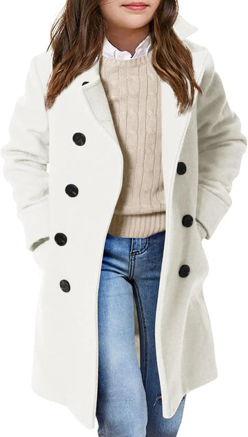 Girls Double Breasted Trench Coat Notch Lapel Long Peacoat